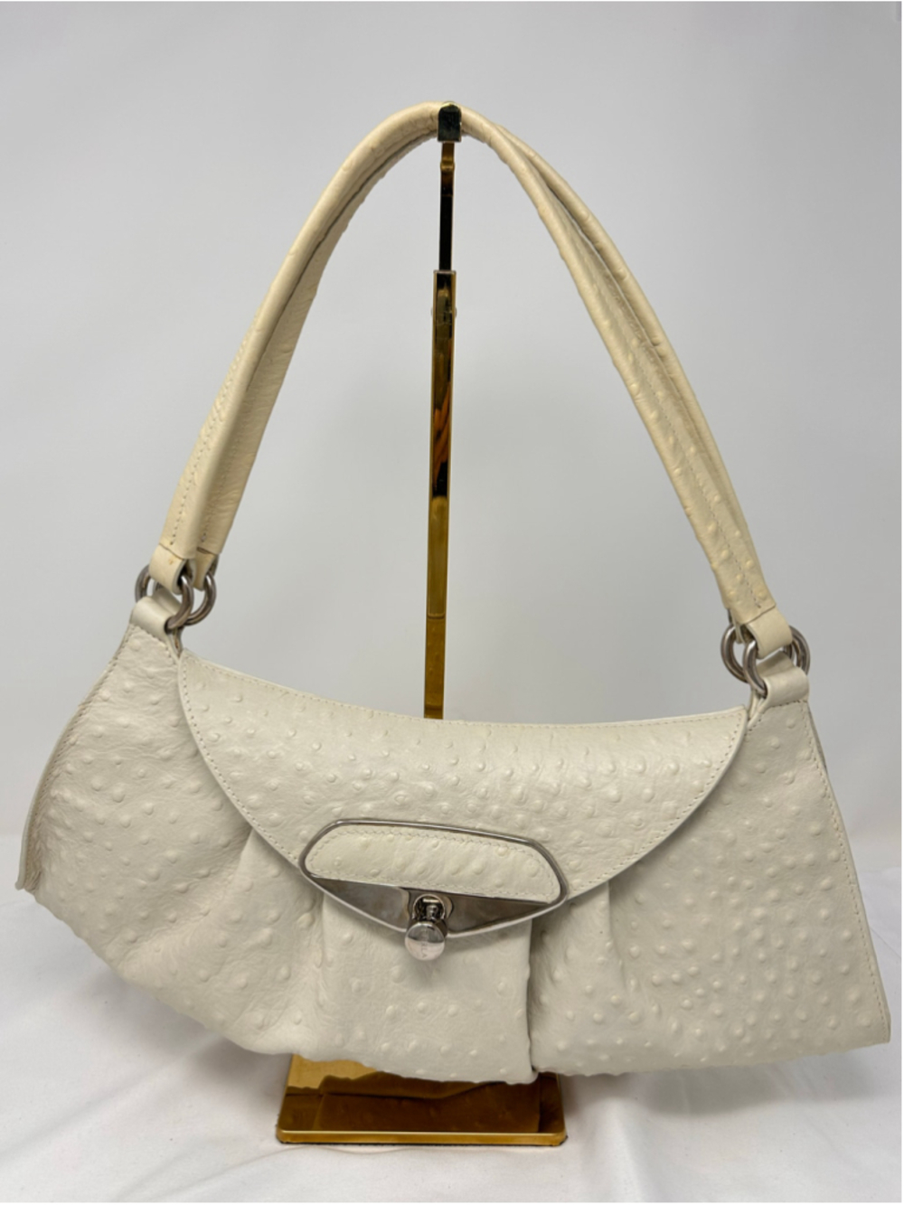 Furla Made in Italy Off-White Ostrich Embossed Leather Shoulder Bag